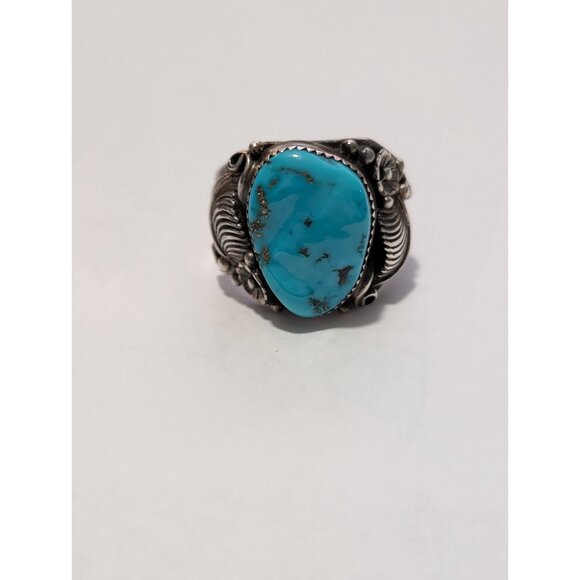 Vintage Turquoise Ring Intricate Silver Leaf Design Southwestern Statement - Picture 1 of 14